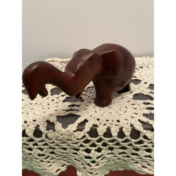 Folk Art Elephant Statue Primitive Animal Figurine Brown Hand Carved Dark Wood - Picture 4 of 6